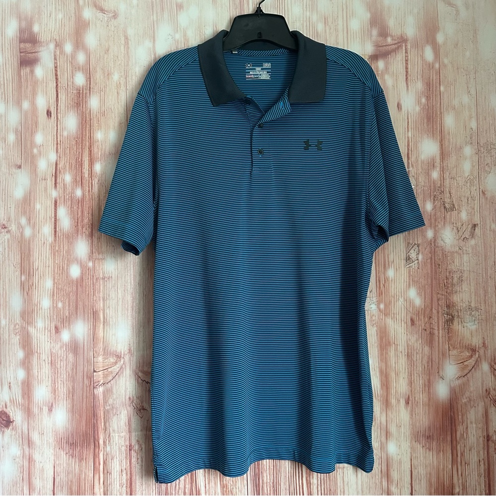 Under Armour Heat Gear Loose Fit Blue Striped Polo Shirt Size Large